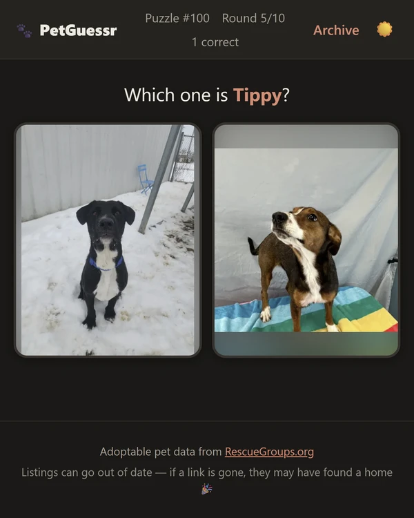 Screenshot of PetGuessr, a daily animal game