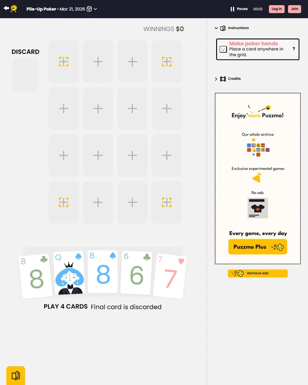 Screenshot of Pile-Up Poker, a daily logic game