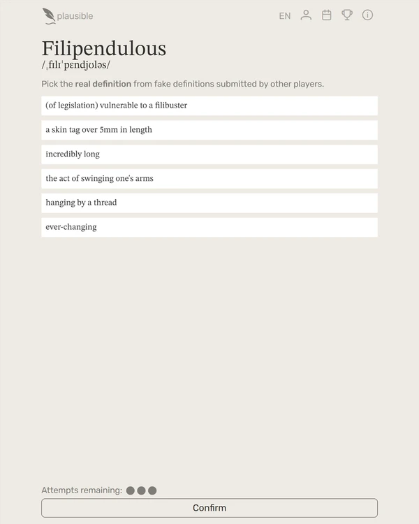 Screenshot of Plausible, a daily word game