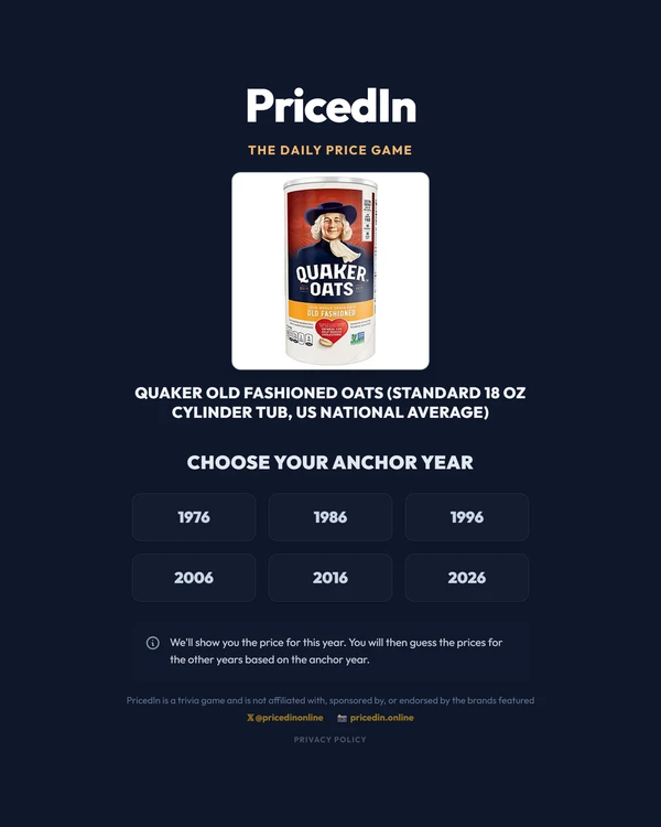 Screenshot of PricedIn, a daily trivia game