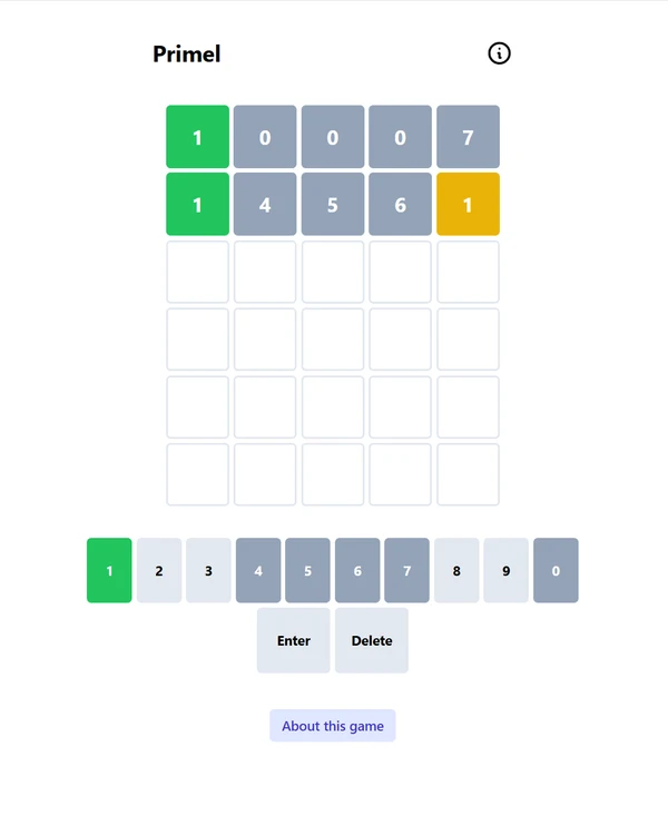 Screenshot of Primel, a daily math game