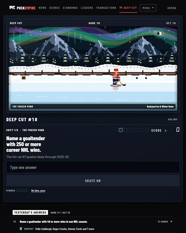 Screenshot of Puck Empire Deep Cut, a daily sports game