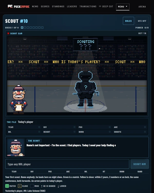 Screenshot of Puck Empire SCOUT, a daily sports game