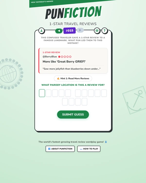 Screenshot of PunFiction: 1-Star Travel Reviews, a daily word game