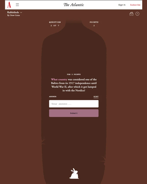 Screenshot of Rabbithole, a daily trivia game