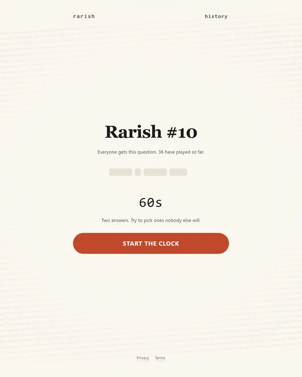 Screenshot of Rarish, a daily trivia game