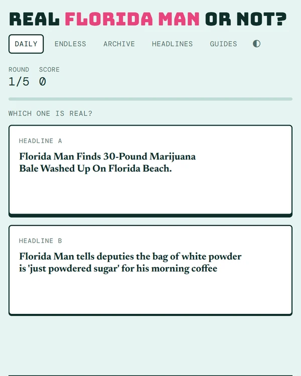 Screenshot of Real Florida Man or Not?, a daily trivia game