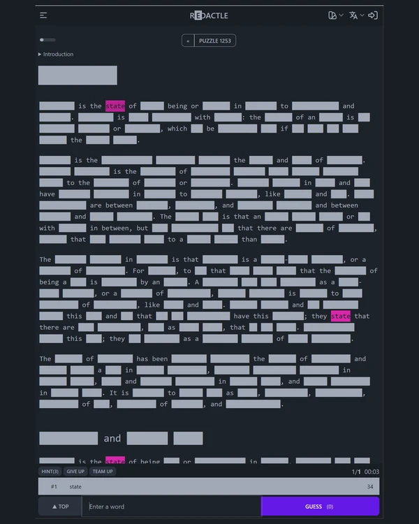 Screenshot of Redactle, a daily logic game