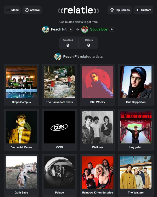 Screenshot of Relatle, a daily music game