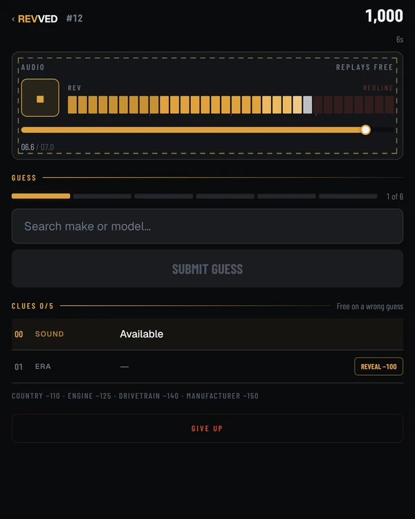 Screenshot of REVVED, a daily trivia game