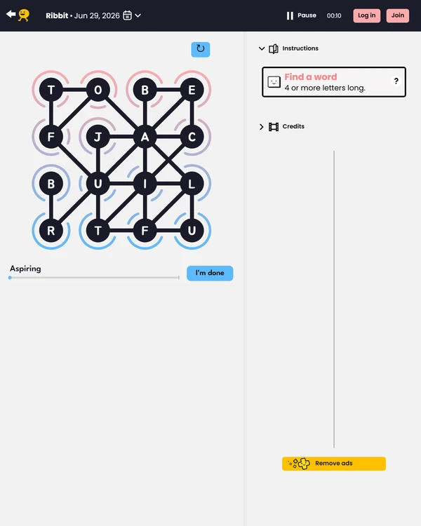 Screenshot of Ribbit, a daily word game