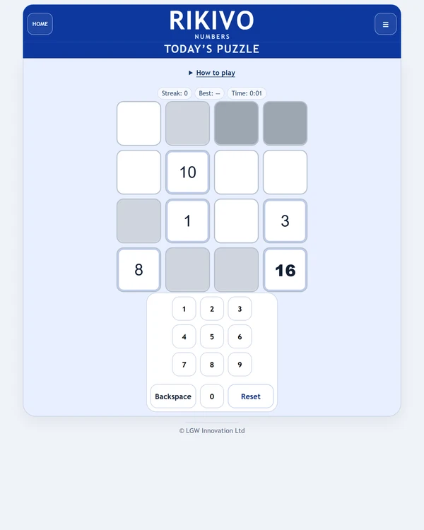 Screenshot of Rikivo Numbers, a daily logic game