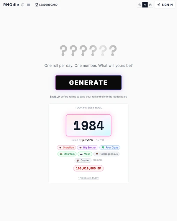 Screenshot of RNGdle, a daily number game
