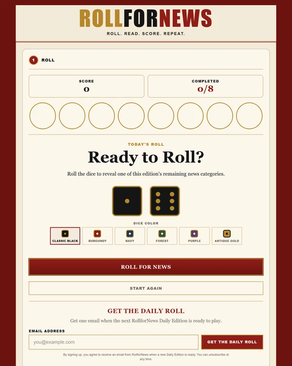 Screenshot of RollforNews, a daily trivia game