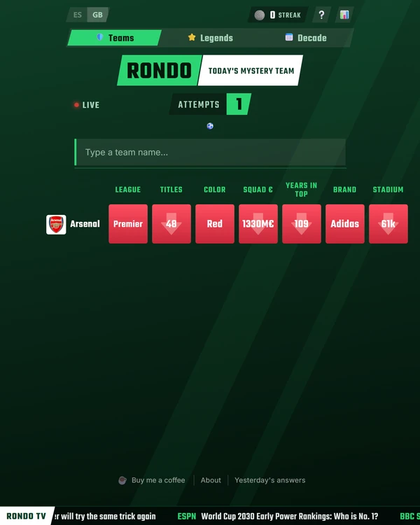 Screenshot of Rondo, a daily sports game