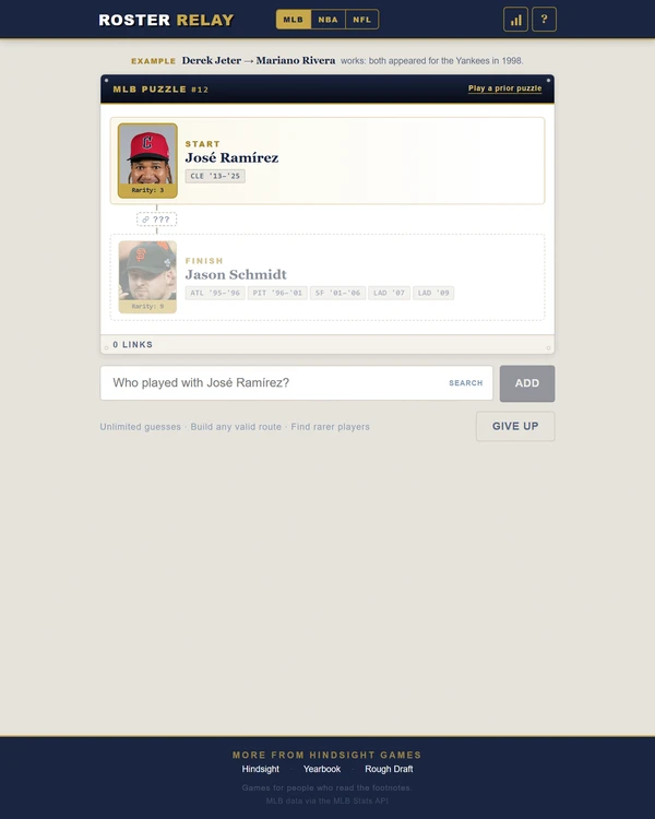 Screenshot of Roster Relay, a daily sports game