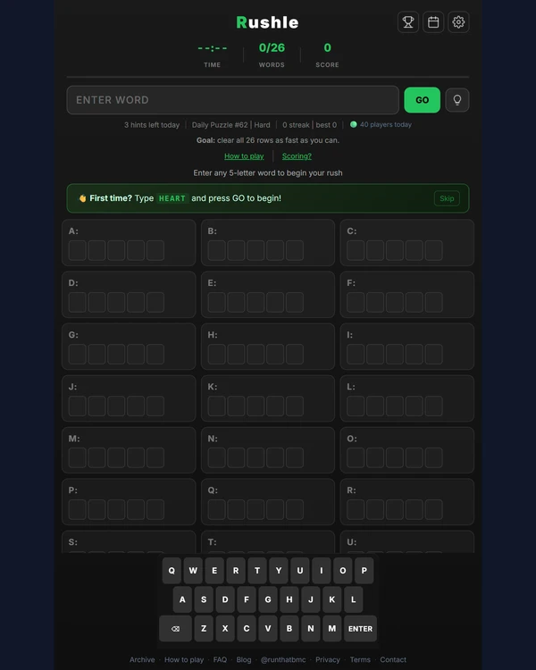 Screenshot of Rushle, a daily word game