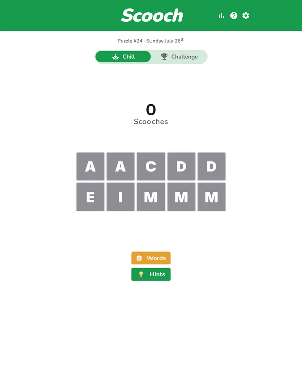 Screenshot of Scooch, a daily word game