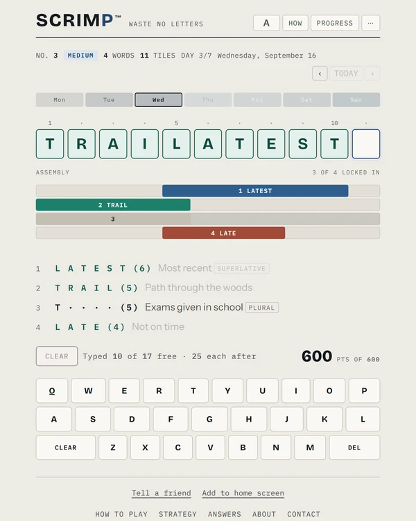 Screenshot of Scrimp, a daily word game
