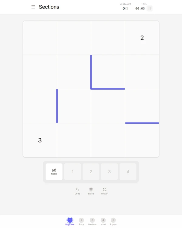 Screenshot of Sections Puzzle, a daily logic game
