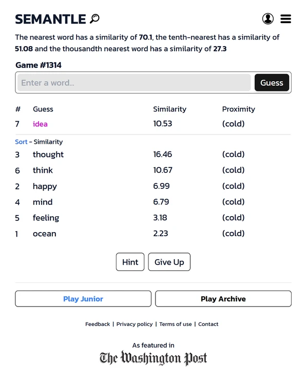 Screenshot of Semantle, a daily word game