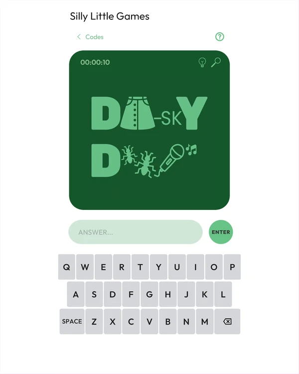Screenshot of Silly Little Codes, a daily word game