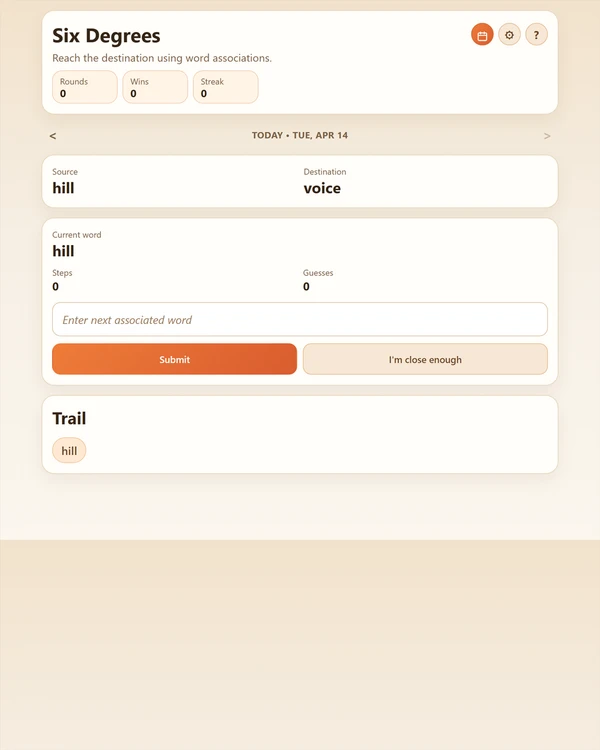 Screenshot of Six Degrees, a daily word ladder