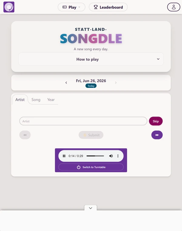 Screenshot of Songdle, a daily music game