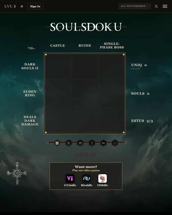 Screenshot of Soulsdoku, a daily fandom game