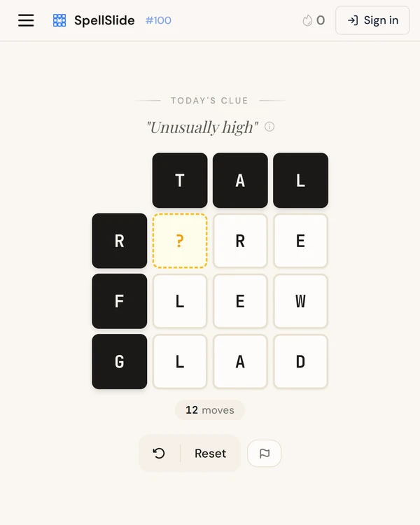 Screenshot of SpellSlide, a daily word game