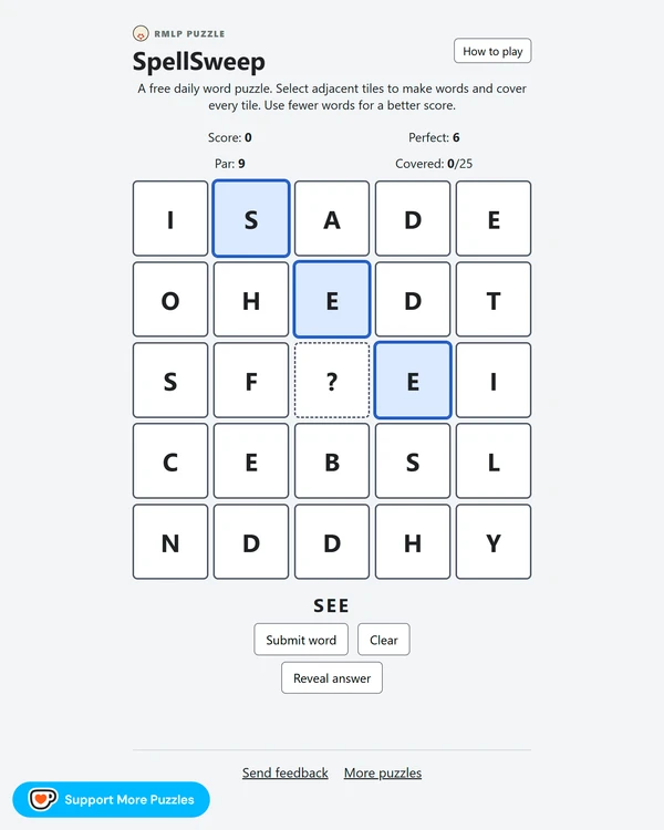 Screenshot of SpellSweep, a daily word game