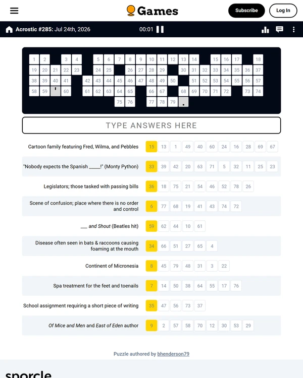Screenshot of Sporcle Acrostic, a daily word game