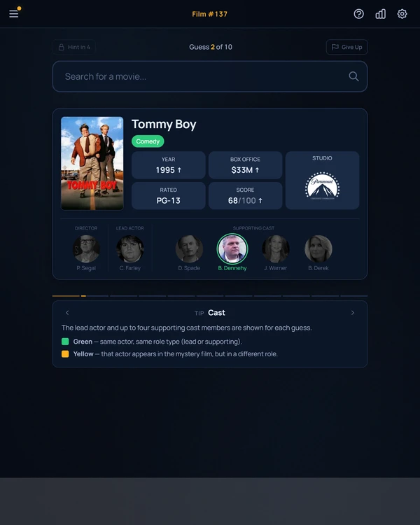 Screenshot of Spotle Movies, a daily pop culture game