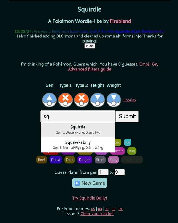 Screenshot of Squirdle, a daily fandom game