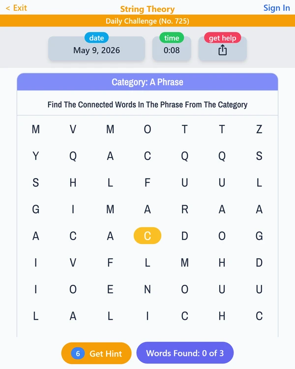 Screenshot of String Theory, a daily word game