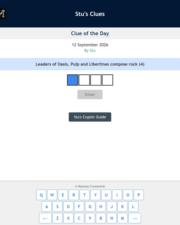 Screenshot of Stu's Clues, a daily word game
