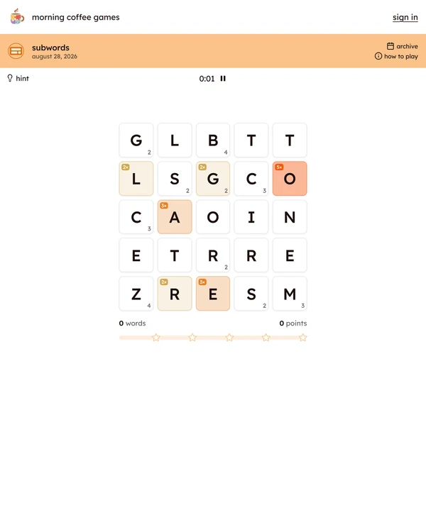 Screenshot of Subwords, a daily word game