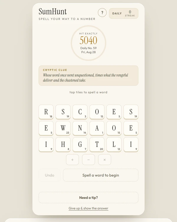 Screenshot of SumHunt, a daily word game