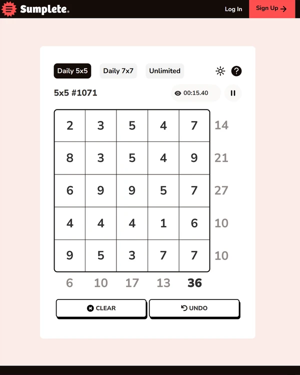 Screenshot of Sumplete, a daily math game