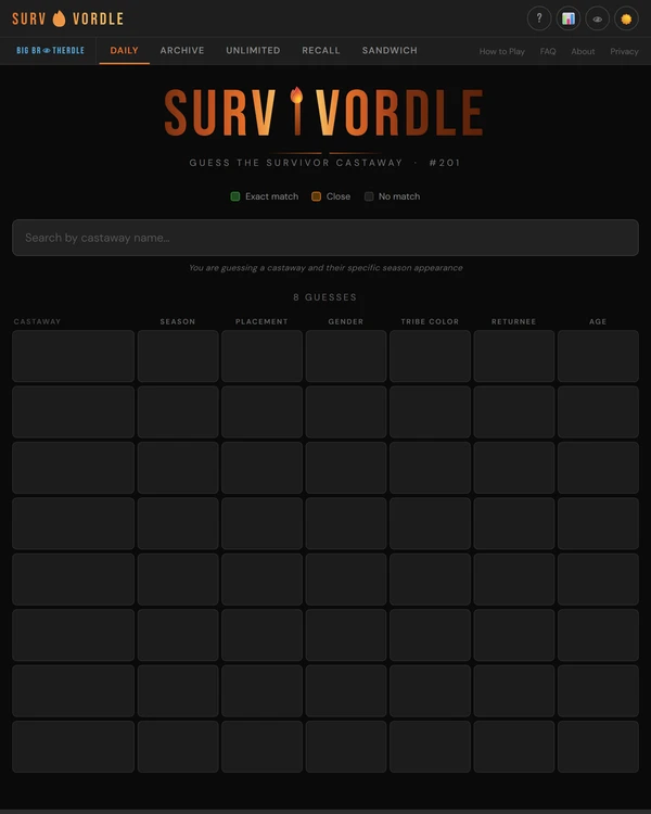 Screenshot of Survivordle, a daily fandom game