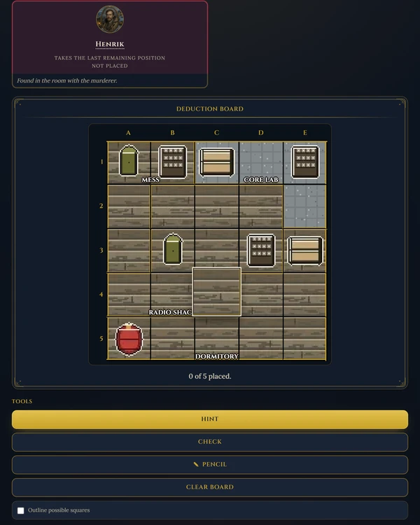 Screenshot of Suspectle, a daily logic game