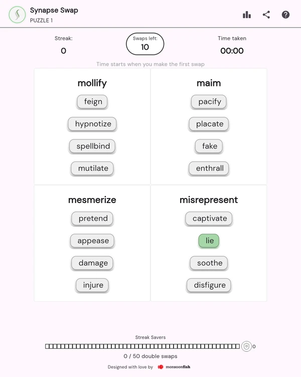 Screenshot of Synapse Swap, a word game
