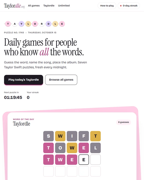Screenshot of Taylordle, a daily word game