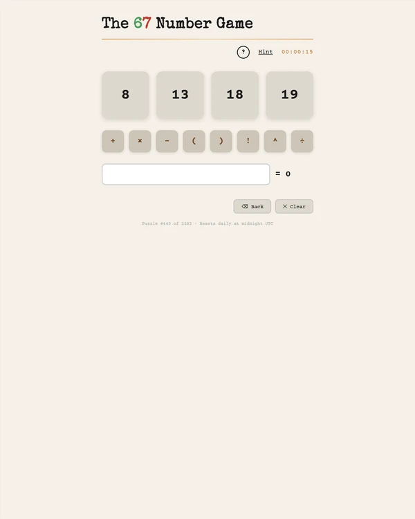 Screenshot of The 67 Number Game, a daily math game