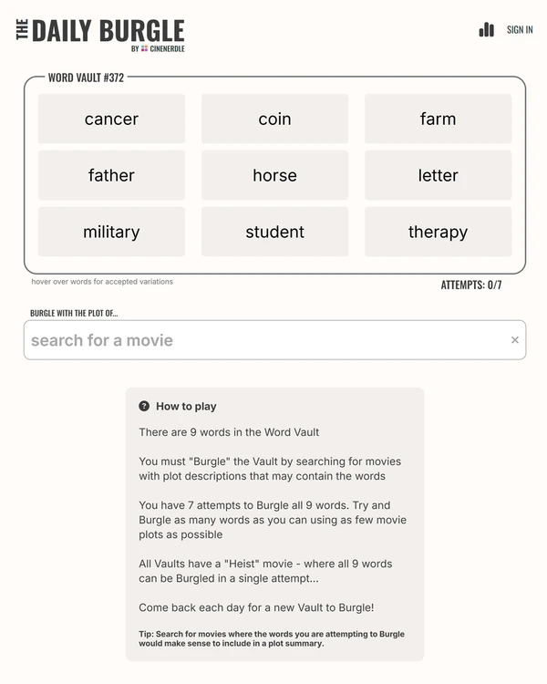 Screenshot of The Daily Burgle, a daily pop culture game