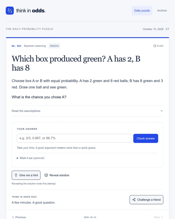 Screenshot of Think in Odds, a daily math game