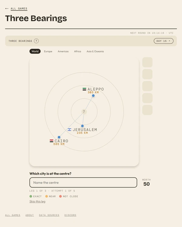 Screenshot of Three Bearings, a daily geography game