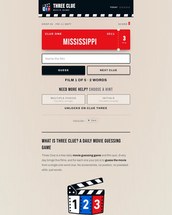 Screenshot of Three Clue Movie Game, a daily pop culture game