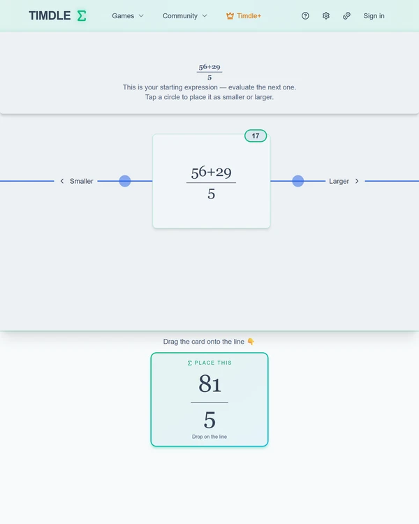 Screenshot of Timdle Math, a daily math game