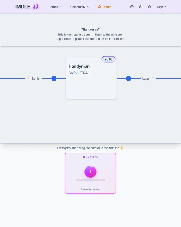 Screenshot of Timdle Music, a daily music game